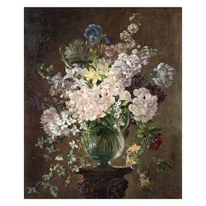 Cecil Kennedy (British, 1905-1997) Still life of lilies, delphiniums, clematis and stocks