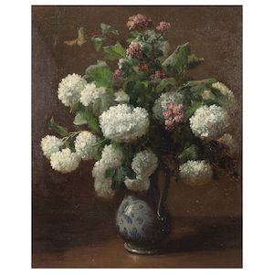 Eugene Petit (French, 1839-1886) Still life of hydrangeas in a ceramic vase