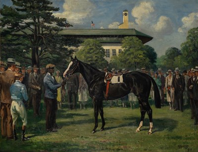 Winner's Circle, (The Paddock at Saratoga with Top Flight and Trainer)