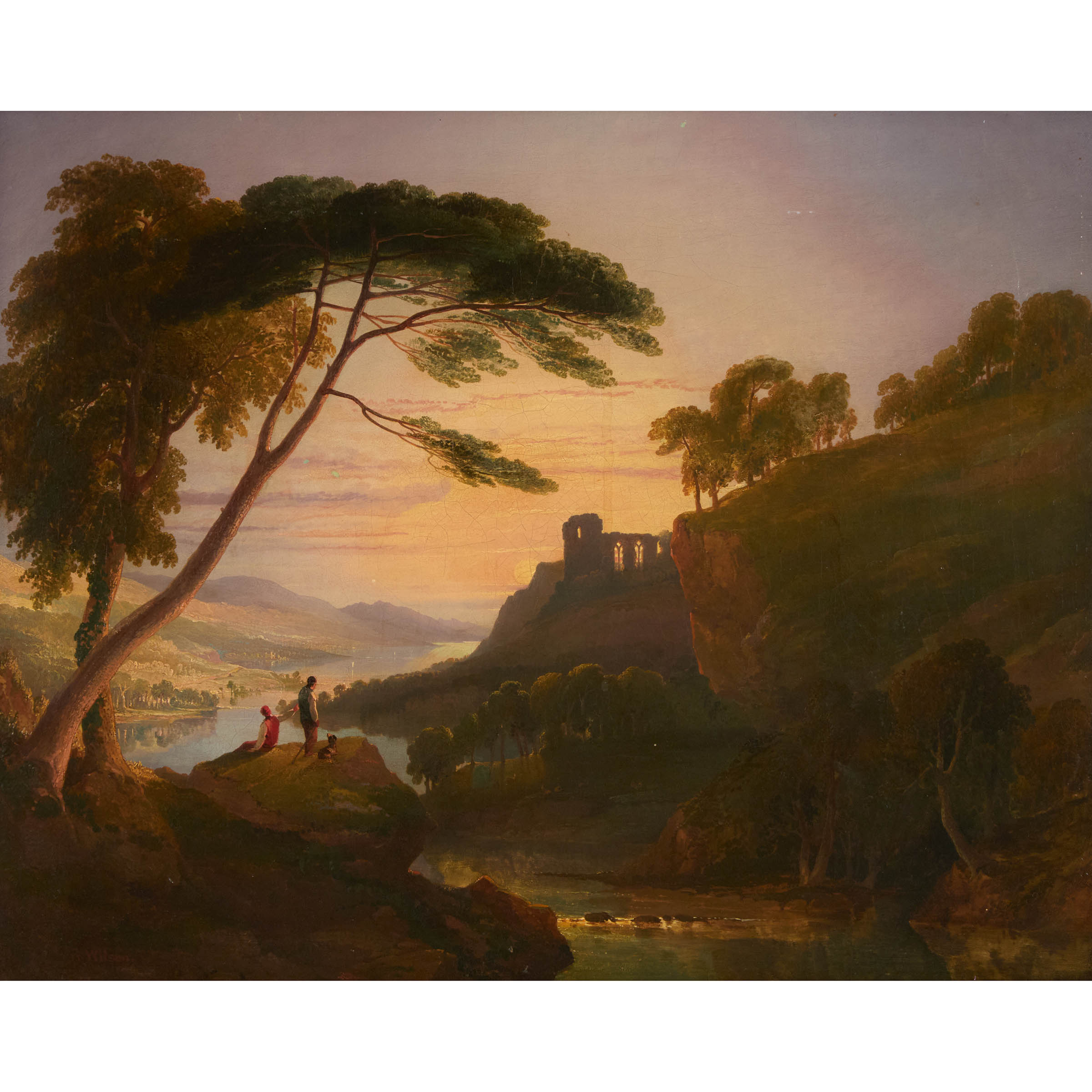 Spectators and Their Dog Overlooking an Expansive Landscape with Castle Ruin at Sunset
