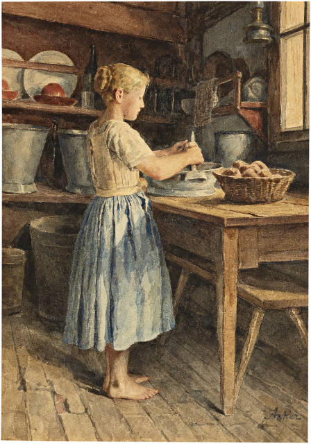 Kartoffelschälendes Mädchen