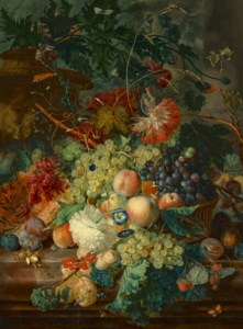 Peaches and grapes in a wicker basket, with fruit and flowers arranged on a marble ledge, including plums, raspberries, redcurrants, melon, hazelnuts, poppy, morning glory, forget-me-not, cockscomb and jasmine, a stone column and terracotta urn beyond, decorated with putti, holding an opium poppy, with butterflies and insects