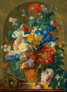 Roses, orange blossom, peonies, narcissi, poppies and other flowers in a terracotta vase decorated with putti, and a bird’s nest on a marble ledge, before a niche
