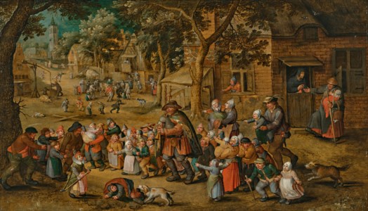 A bagpipe player surrounded by village children