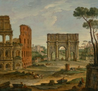 Rome, a view of the Colosseum and the Arch of Constantine