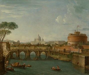 Rome, a view of the Tiber looking towards the Ponte and Castel Sant'Angelo, with Saint Peter's Basilica beyond