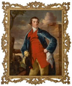 Portrait of Harry Peckham (1740-1787), three-quarter-length, in the livery of the Markeaton Hunt, holding a hat, with a terrier at his side