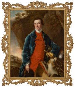 Portrait of Francis Noel Clarke Mundy (1739-1815), three-quarter-length, in the livery of the Markeaton Hunt, holding a riding crop, with a hound at his side