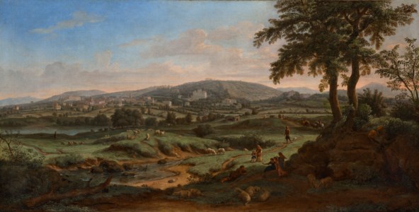 Frascati, with shepherds and their flock resting by a stream in the foreground, other figures on a road beyond