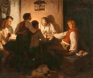 A Bavarian farmhouse interior. 1841-42. Signed with monogram. Oil on canvas. 62 x 74 cm. "En bayersk bondestue, hvor familien spiller kort". A Bavarian farmhouse interior where the family is playing cards. 1841-42. Signed with monogram. Oil on canvas. 62 x 74 cm.