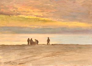 Sunset over Skagen Sønderstrand. Signed Carl Locher. Oil on canvas. 40 x 56 cm. Sunset over Skagen Sønderstrand. At the water's edge, fishermen by a boat. Signed Carl Locher. Oil on canvas. 40 x 56 cm.