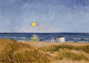 Moonlight over Skagen Sønderstrand. Signed Carl Locher Skagen. Oil on canvas. 40 x 55 cm. "Maaneopgang. Skagen Sønderstrand". Moonlight over Skagen Sønderstrand. View from the sand dunes towards the sea with two women in summer dresses next to a beach house. Signed Carl Locher Skagen. Oil on canvas. 40 x 55 cm.