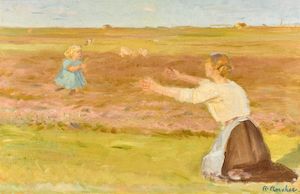 A little girl runs towards her mother's arms. Signed A. Ancher. Oil on canvas. 42 x 64 cm. A little girl runs towards her mother's arms in a meadow. Signed A. Ancher. Oil on canvas. 42 x 64 cm.