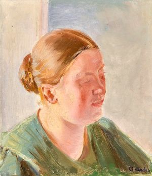 Female model. Study. Signed A. Ancher. Oil on canvas. 29 x 26 cm. Female model. Study for "En vaccination" (A vaccination). C. 1899. Signed A. Ancher. Oil on canvas. 29 x 26 cm.