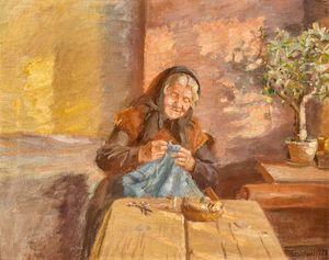 Interior with sunlit walls. Signed and dated A. Ancher 1924. Oil on canvas. 52 × 66 cm. Interior with sunlit walls. An elderly woman at her needlework. Signed and dated A. Ancher 1924. Oil on canvas. 52 × 66 cm.