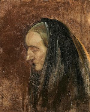 Mrs Brøndum in a black shawl. Signed A. Ancher. Oil on canvas. 24 x 19 cm. Mrs Brøndum (1826-1916) in a black shawl. Signed A. Ancher. Oil on canvas laid on cardboard. 24 x 19 cm.