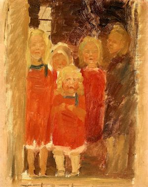 Five small girls standing in a doorway. Unsigned. Oil on canvas. 42 x 33 cm. Five small girls standing in a doorway. Unsigned. Oil on canvas. 42 x 33 cm.
