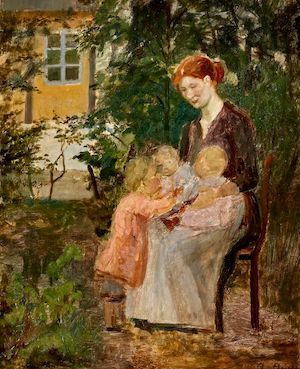 A mother in a garden in Skagen with her three children. Signed A. Ancher. Oil on panel. 46 x 37 cm. A mother in a garden in Skagen with her three children. Signed A. Ancher. Oil on panel. 46 x 37 cm.