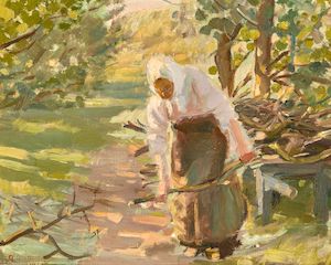 A woman gathering firewood on a sunny road. Signed and dated A. Ancher 1911. Oil on canvas. 30 x 37 cm. A woman gathering firewood on a sunny road. Signed and dated A. Ancher 1911. Oil on canvas. 30 x 37 cm.