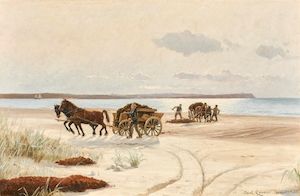 Seaweed collectors on Hornbæk Beach. Signed and dated Carl Locher Hornbæk 85. Oil on canvas. 97 x 148 cm. Seaweed collectors on Hornbæk Beach. Signed and dated Carl Locher Hornbæk 85. Oil on canvas. 97 x 148 cm.