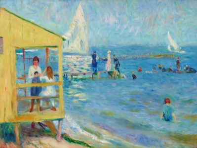 Yellow Bath House and Sailboat, Bellport, Long Island