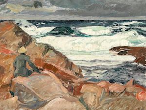"Klipperne i brænding" ("En maler ser på motiv"), Christiansø 1917. Signed E.W. Oil on canvas. 66 x 85 cm. "Klipperne i brænding" ("En maler ser på motiv") (The rocks in the surf - A painter looking at his motif), Christiansø 1917. Signed E.W. Oil on canvas. 66 x 85 cm.