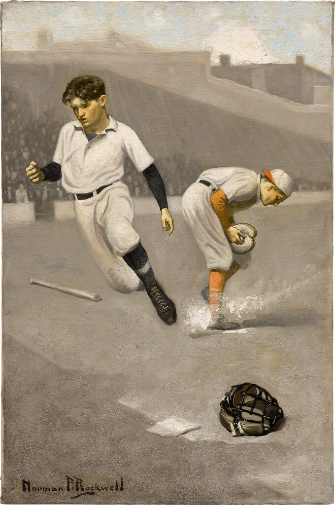 Danny the Freshman, 'With the grass wet and slippery fast fielding was out of the question, and Calkins was home before the ball.'