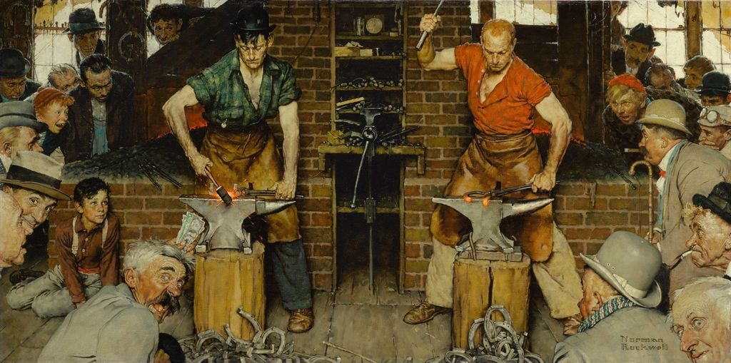 Norman Rockwell, BLACKSMITH’S BOY – HEEL AND TOE (SHAFTSBURY BLACKSMITH SHOP; “I’LL NEVER FORGET THAT LAST HOUR. AND NEVER, I IMAGINE, WILL ANY OF THOSE WHO WATCHED. BOTH MEN WERE LOST TO EVERYTHING NOW BUT THE SWING FROM THE FORGE TO THE ANVIL, THE HEELS TO BE TURNED AND THE TOES TO BE WELDED.”)