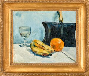 "Bananer og appelsin", 1909. Unsigned. Oil on canvas. 32 x 37 cm. "Bananer og appelsin" (Bananas and orange), 1909. Unsigned. Oil on canvas. 32 x 37 cm.