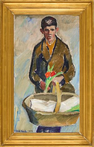 A boy with flowers. Signed Olaf Rude 1916. Oil on canvas. 82 x 46 cm. A boy with flowers. Signed Olaf Rude 1916. Oil on canvas. 82 x 46 cm.