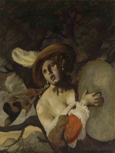 A courtesan in a plumed hat playing a tambourine, a landscape beyond