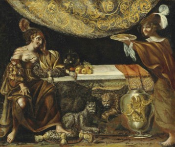 An allegorical scene with a courtesan, a handmaid, a leopard and a lion