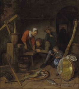 An interior with figures preparing fish