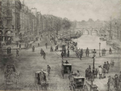 Paris, La place de Saint Michel avec le quai des Grands Augustins et le pont Saint Michel au premier plan et le pont Neuf et le Louvre a l’arrière plan