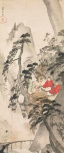 Three scholars enjoying tea by a waterfall