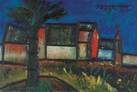 Francis Newton Souza, Untitled (Houses and Church in Landscape with Tree)