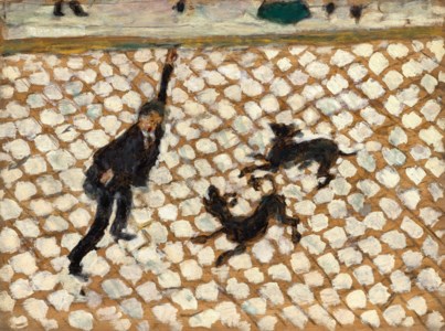 La Rue. Homme aux prises avec deux chiens