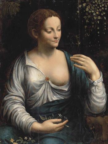 La Columbine: Portrait of a woman as Flora, half-length, in a white, embroidered dress with a ruby broach and a blue wrap, holding an aquilegia in her left hand, with jasmine and anemones on her lap, fern and kenilworth ivy climbing a wall beyond