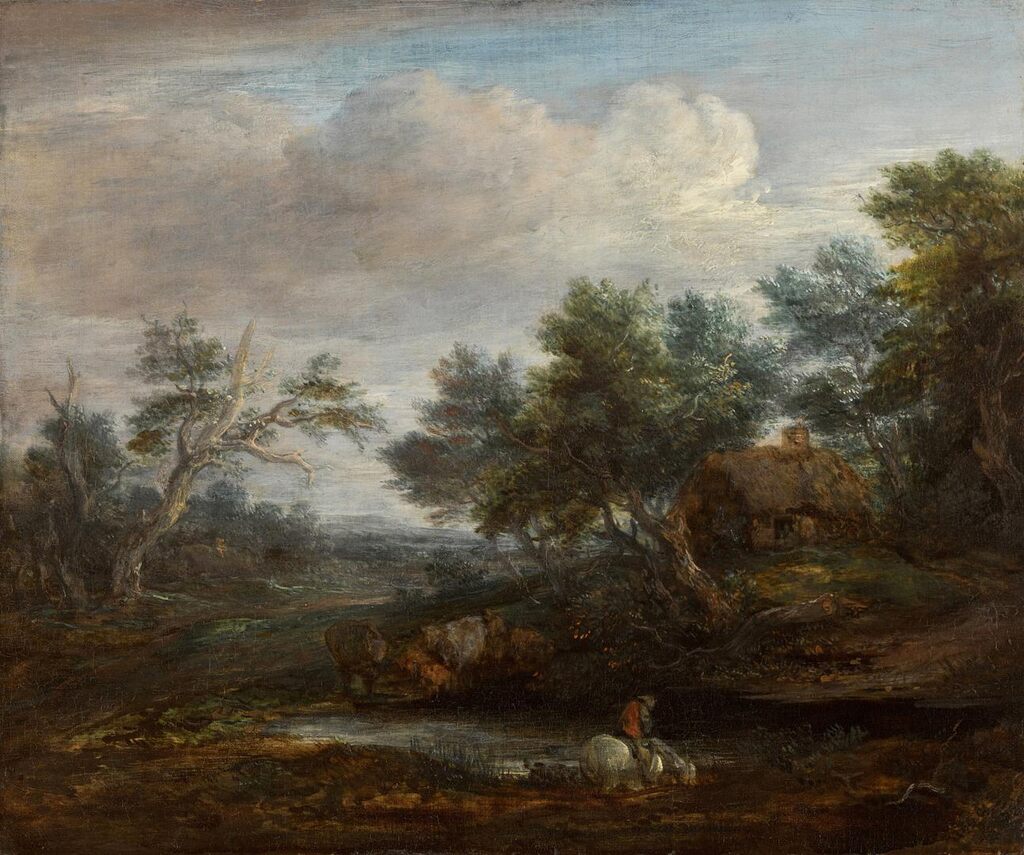 Wooded landscape with a mounted figure on a horse drinking at a pool, a thatched cottage beyond 