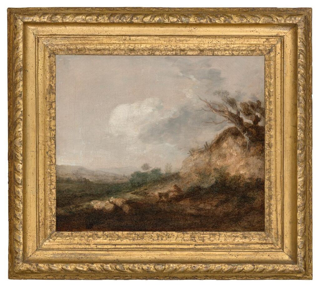 A shepherd and his dog in a landscape, his flock resting by a dune in the foreground