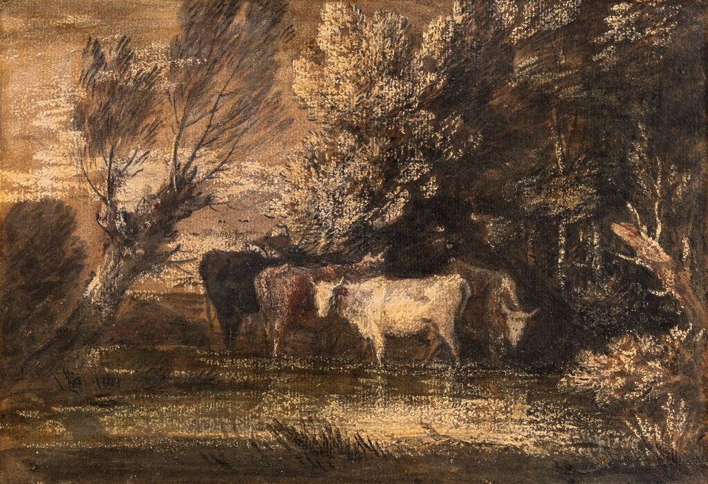A Wooded Landscape with Cattle at a Watering Place