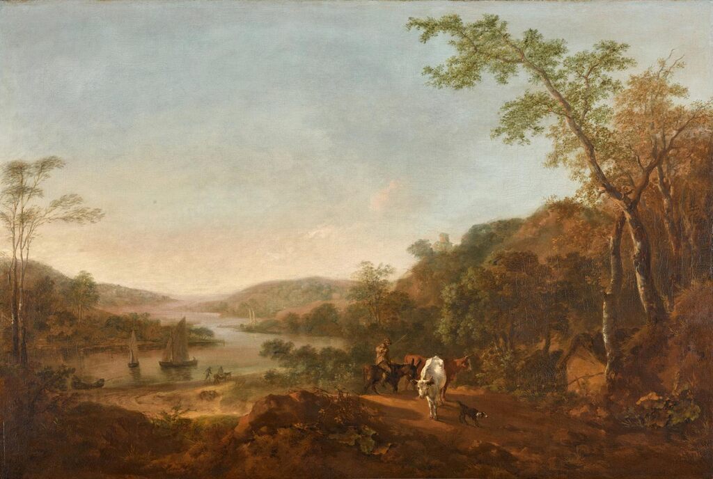 A wooded river landscape with a herdsman driving cattle, sailing boats in the distance