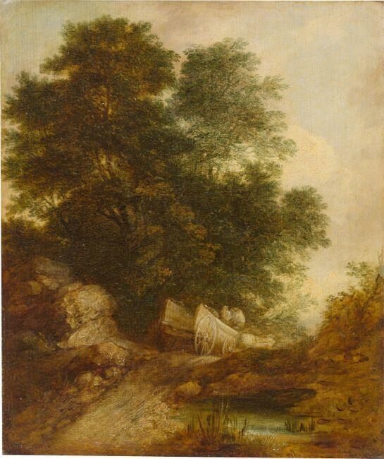 ”Wooded Rocky Landscape with Peasants in a Country Waggon and Pool”