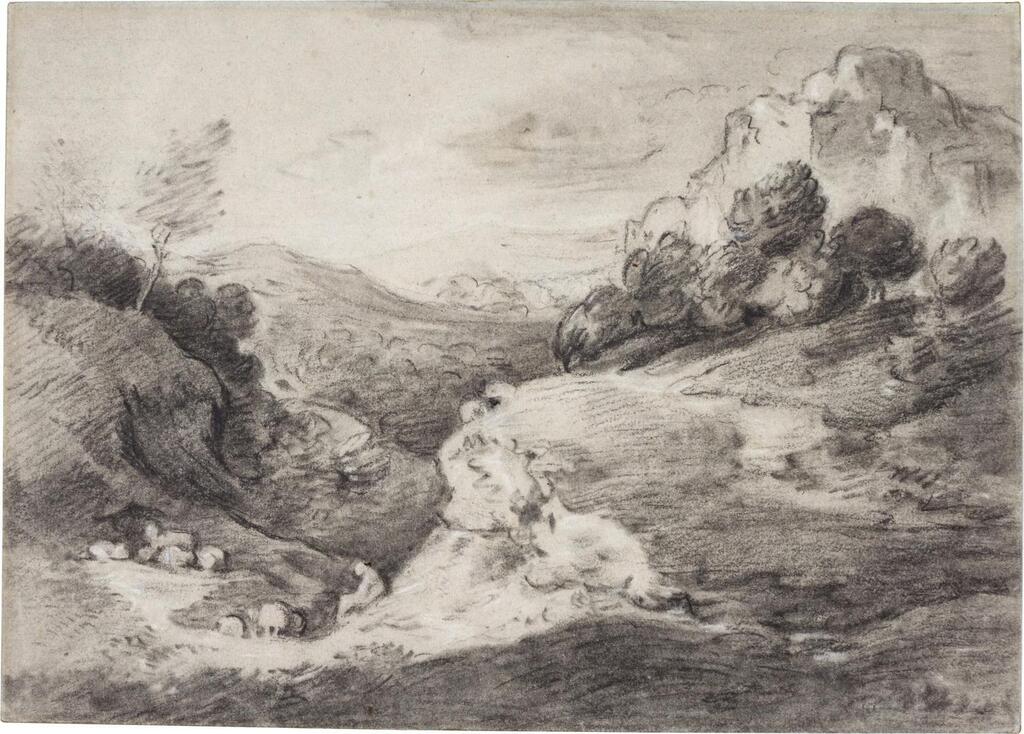 Wooded upland landscape with shepherd and sheep