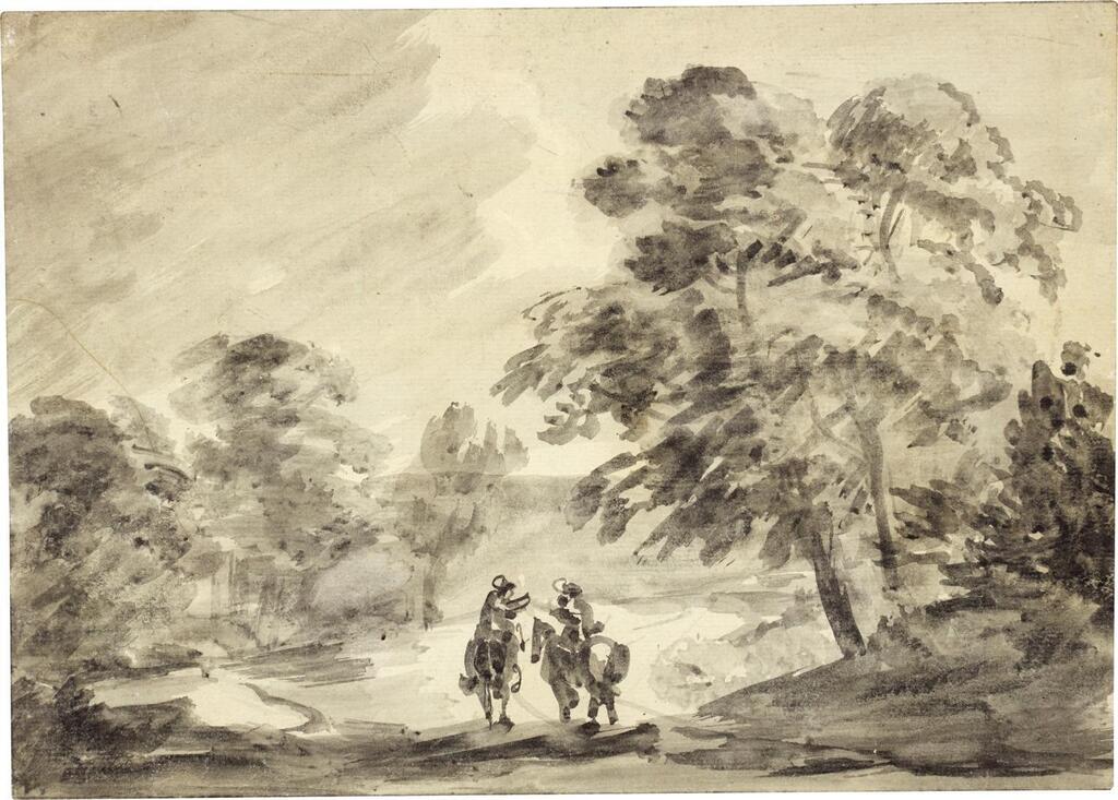 Wooded landscape with two figures on horseback travelling along a winding track
