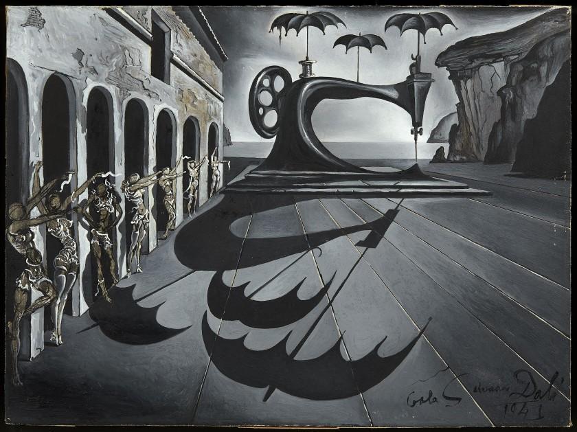 Sewing machine with umbrellas in a surreal landscape