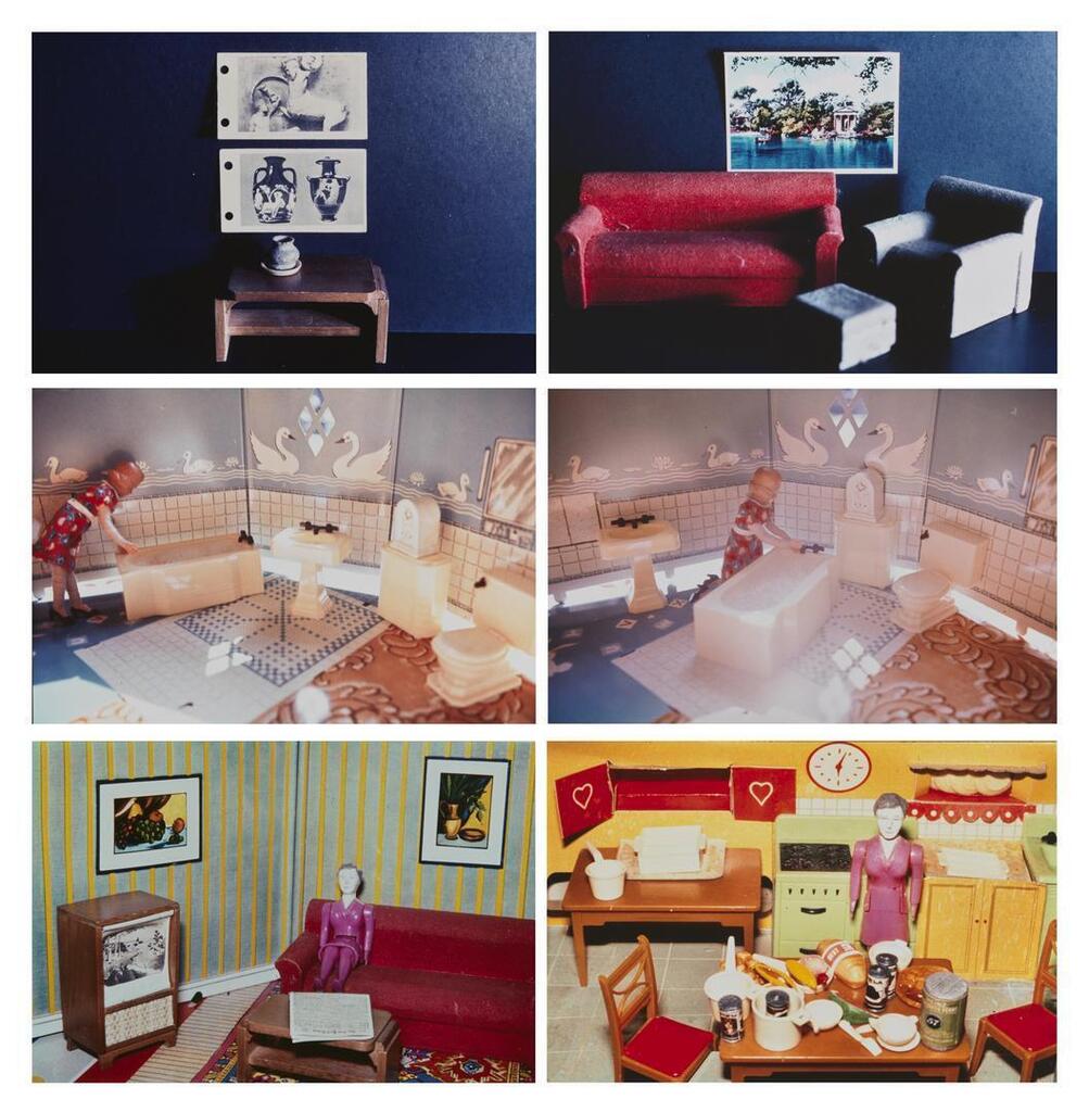 (i) Greek Vase/Pot/Table; (ii) First Bathroom/Women Standing Left; (iii) Woman Watching TV; (iv) Red Couch/Borghese Garden; (v) First Bathroom/Woman Kneeling; (vi) Purple Woman/Kitchen