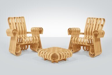 Pair of "Power Play" Armchairs and Ottoman