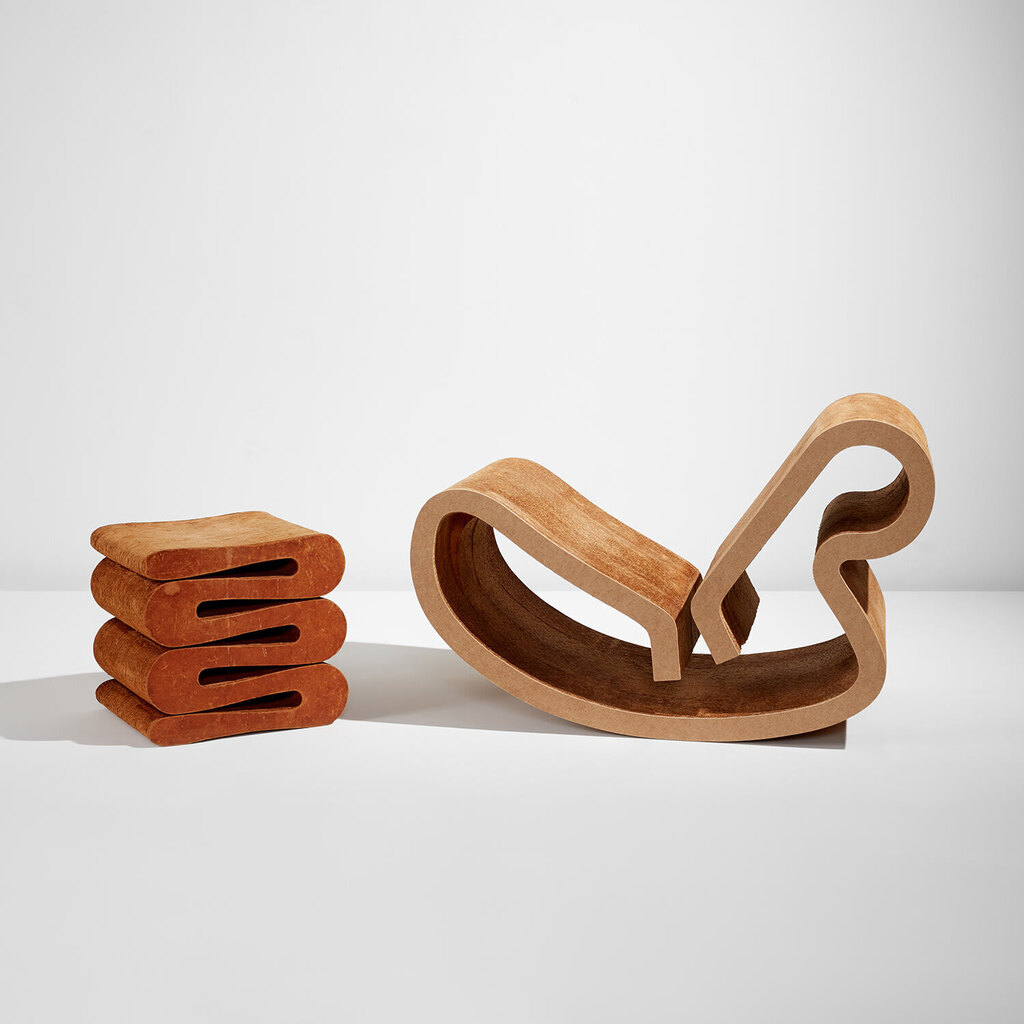 "Wiggle" stool and "Contour" rocker, from the "Easy Edges" series