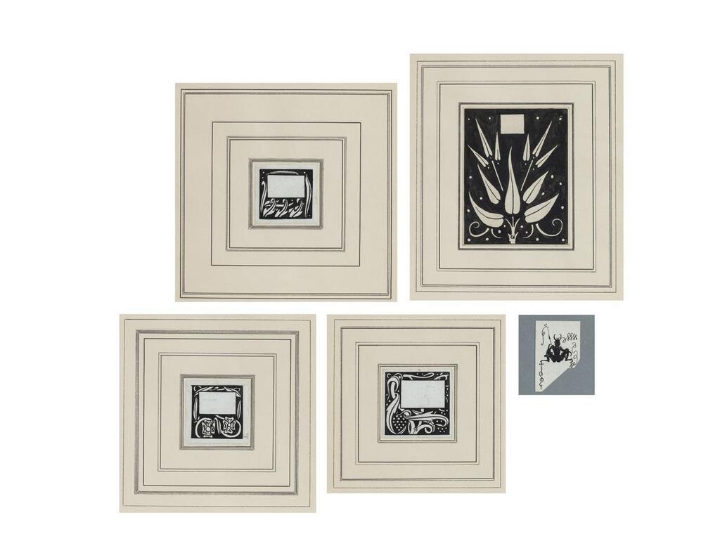 A set of five ornamental drawings: (i) Squatting Devil Fishing (ii) Three Stylized Leaves (iii) Two Dog Roses (iv) Bunches of Grapes and Leaves (v) Convolvulus leaf